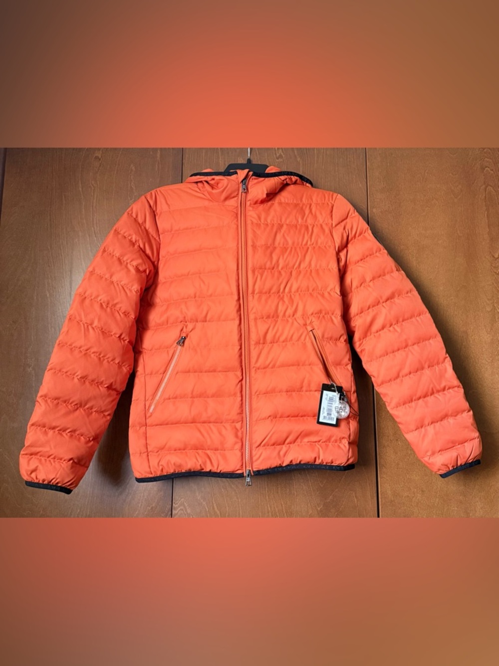 Emporio Armani EA7 Quilted Down Puffer Jacket NWT Sz M Ret $375 Orange/Blk Flame